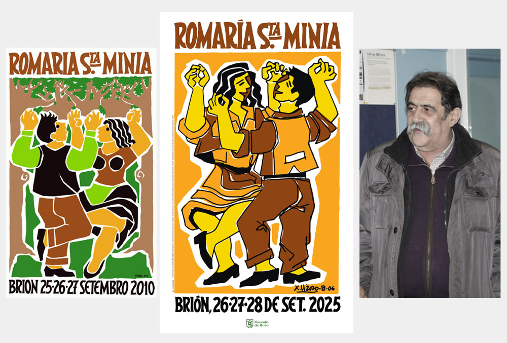 Carteis da Romaría de Santa Minia 2010 e 2025, autoría de Xosé Vizoso.